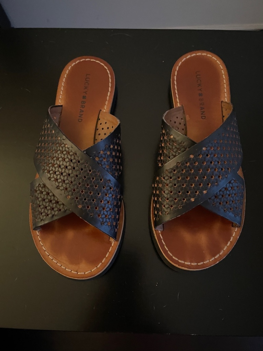 Lucky Brand Brown Leather Crisscross Perforated Slide Sandals